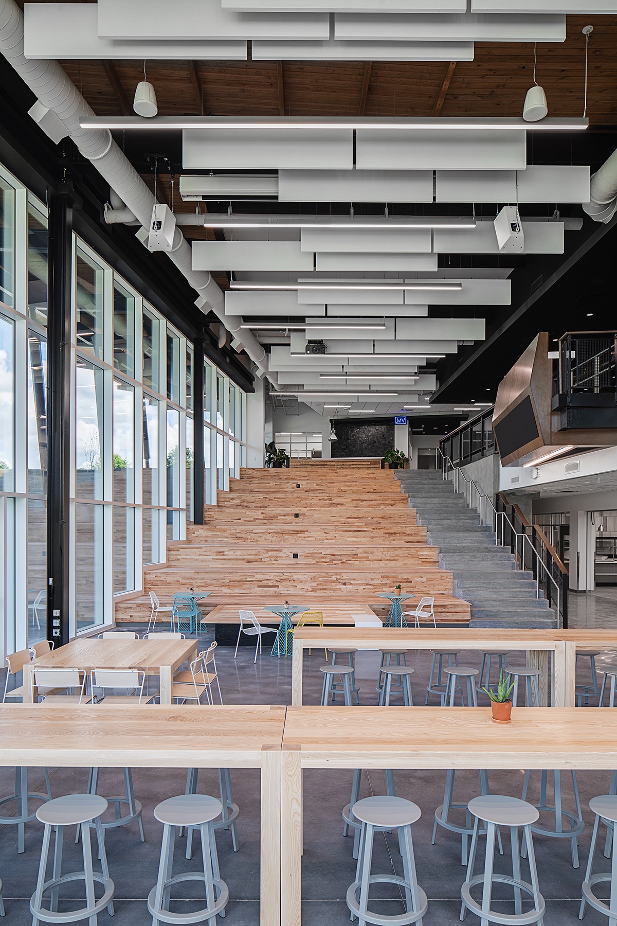 The commons, a tiered wood amphitheater with floor-to-ceiling windows