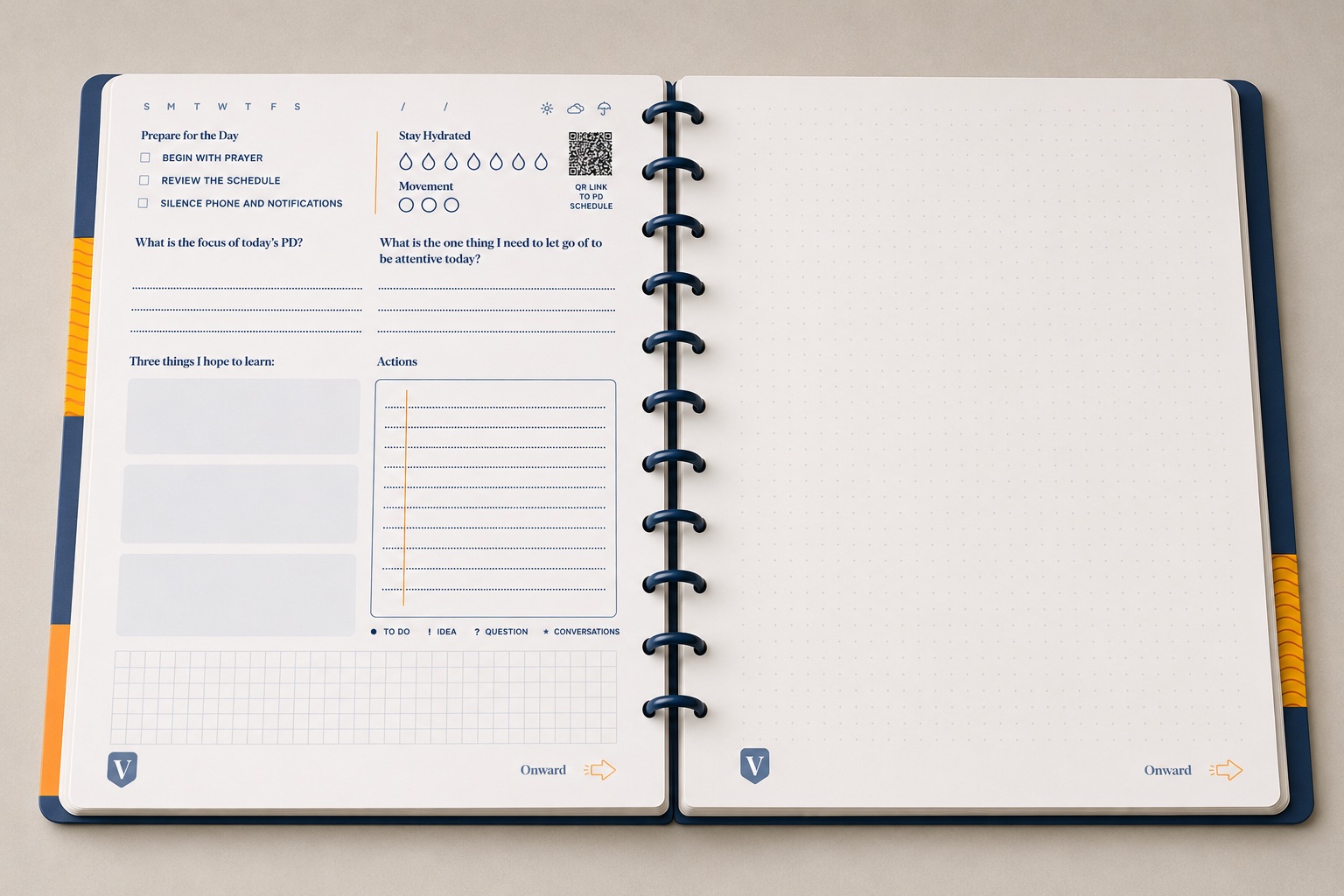 An open spread of the journal, showing the daily professional-development tracking page